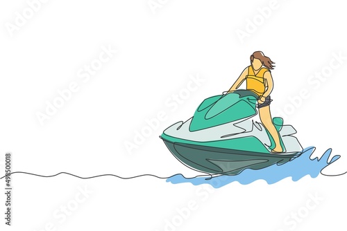 One single line drawing of young sporty woman play jet skiing in the sea beach vector illustration. Healthy lifestyle and extreme sport concept. Summer vacation. Modern continuous line draw design