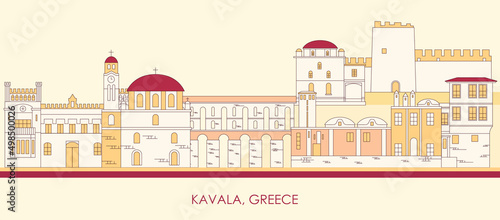 Cartoon Skyline panorama of city of Kavala, Greece - vector illustration