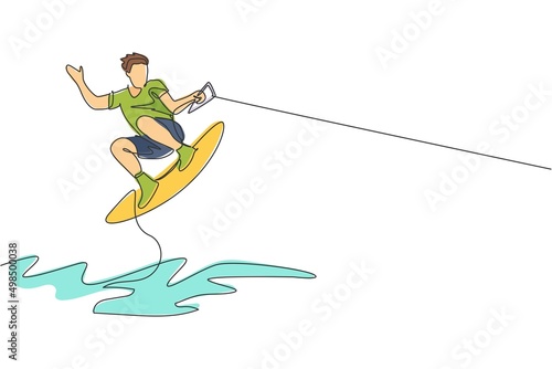 One single line drawing of young sporty man play wakeboarding in the sea beach vector illustration. Healthy lifestyle and extreme sport concept. Summer vacation. Modern continuous line draw design