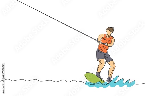 One continuous line drawing of young energetic man fun play wakeboarding in the sea ocean. Healthy lifestyle sport concept. Happy tourist vacation. Dynamic single line draw design vector illustration