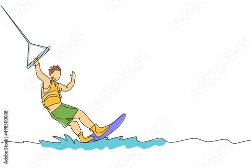 Single continuous line drawing of young sporty surfer man play wakeboarding in the sea. Extreme dangerous sea sport concept. Summer holiday vacation. Trendy one line draw design vector illustration