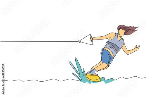 One single line drawing of young sporty man play wakeboarding in the sea beach vector illustration. Healthy lifestyle and extreme sport concept. Summer vacation. Modern continuous line draw design
