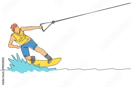 Single continuous line drawing of young sporty surfer man playing wakeboarding in the sea. Extreme dangerous sea sport concept. Summer holiday vacation. Trendy one line draw design vector illustration