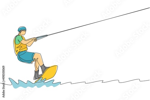 Single continuous line drawing of young sporty surfer man playing - in the sea. Extreme dangerous sea sport concept. Summer holiday vacation. Trendy one line draw design vector graphic illustration