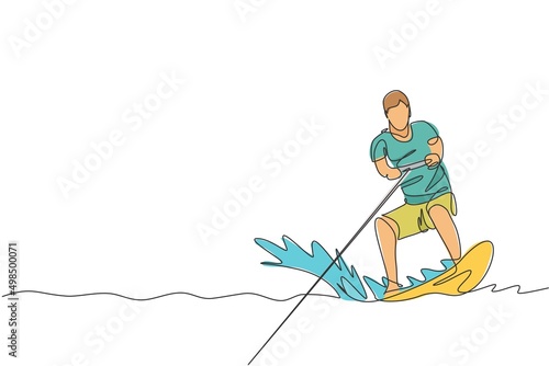 One continuous line drawing of young energetic man fun play wakeboarding in the sea ocean. Healthy lifestyle sport concept. Happy tourist vacation. Dynamic single line draw design vector illustration