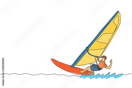 Single continuous line drawing of young sporty surfer man playing windsurfing in the sea. Extreme dangerous sea sport concept. Summer holiday vacation. Trendy one line draw design vector illustration