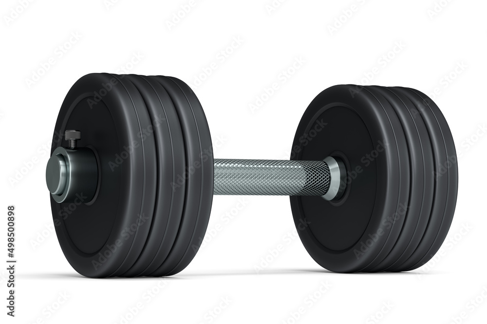 Metal dumbbell with black disks isolated on white background
