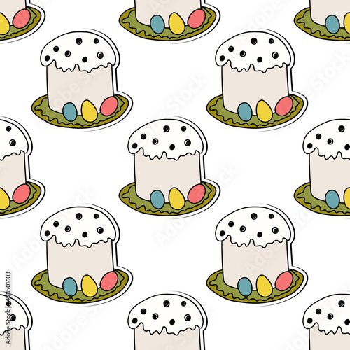 Seamless pattern with Easter cake on white background. Hand drawn Happy Easter symbol. Design for card, postcard, wallpaper, poster, fabric, textile. Holiday sweet food. Doodle style