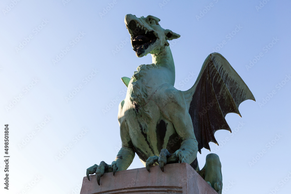 Dragon symbol of city Ljubljana old sculpture on Dragons bridge built in 1901.