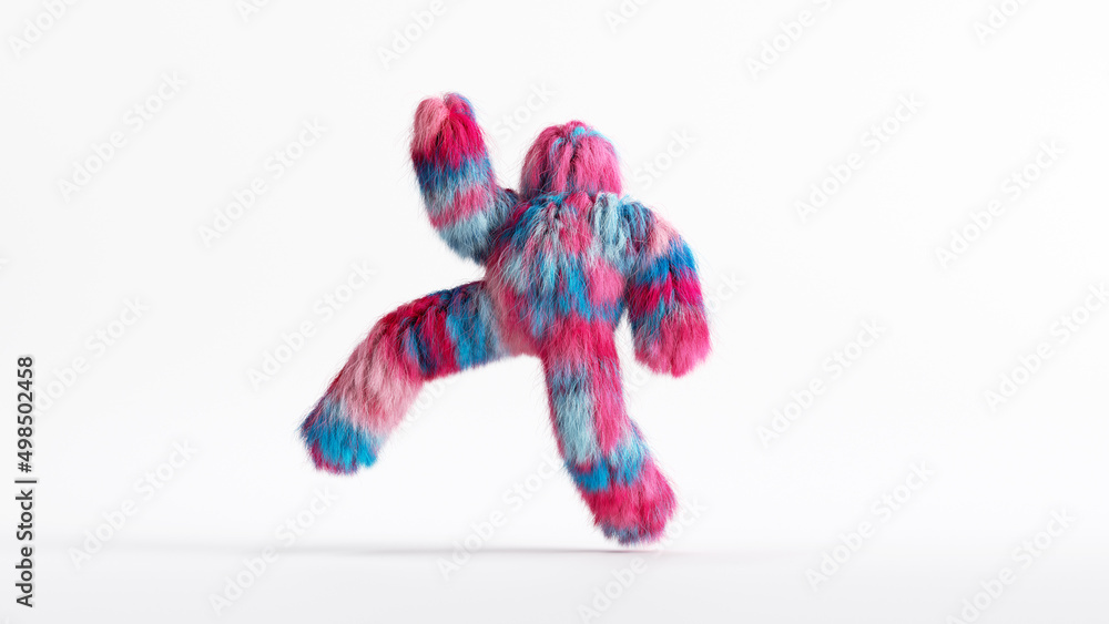 3d rendering, colorful hairy beast Yeti runs, furry monster cartoon character walking or dancing. Fluffy toy in active pose, isolated on white background. 3d rendering, colorful hairy beast Yeti runs, furry monster cartoon character walking or dancing. Fluffy toy in active pose, isolated on white background.