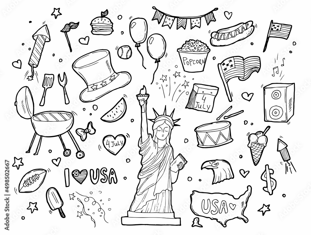 Fourth of July doodle set. National symbols of USA Independence Day