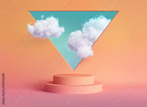 3d render, abstract peachy background with blue sky inside the triangular window above the empty podium. White clouds fly into the room through the hole. Blank showcase mockup