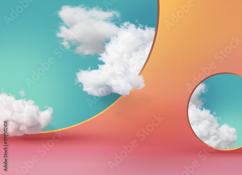 Foto 3d render, abstract peachy background with white clouds on the blue sky inside t