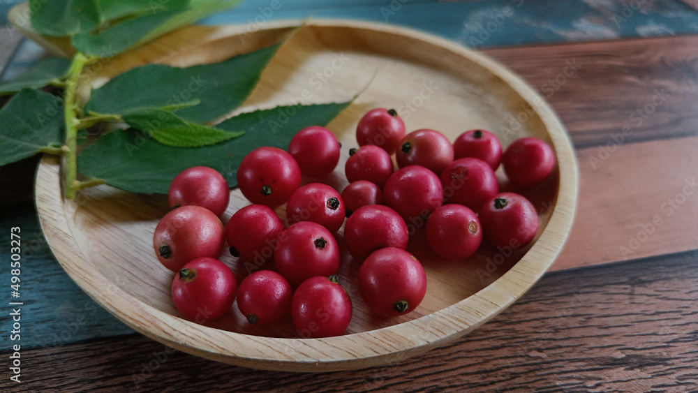 Flacourtia rukam,Flacourtiaceae or Takhop pak (thai name) fruit folk in Thailand place on old wooden plate Flacourtia rukam,Flacourtiaceae or Takhop pak (thai name) fruit folk in Thailand place on old wooden plate