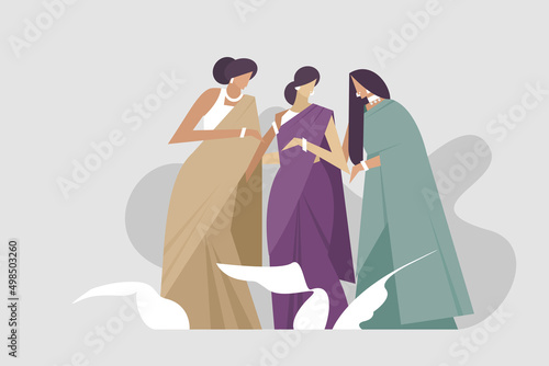 Illustration three women wearing Indian traditional dress 'Sari'.