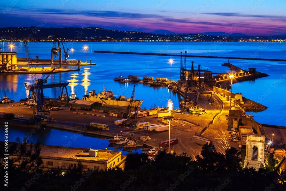 Blue hour panorama of Ancona harbour Marche Italy