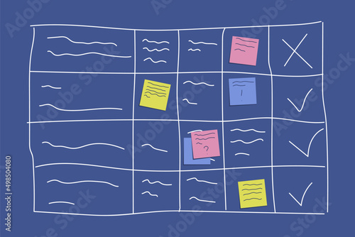 Planning board concept with sticking colorful papers and writing tasks on blue board isolated on white background - agile methodology to manage business project in flat vector illustration