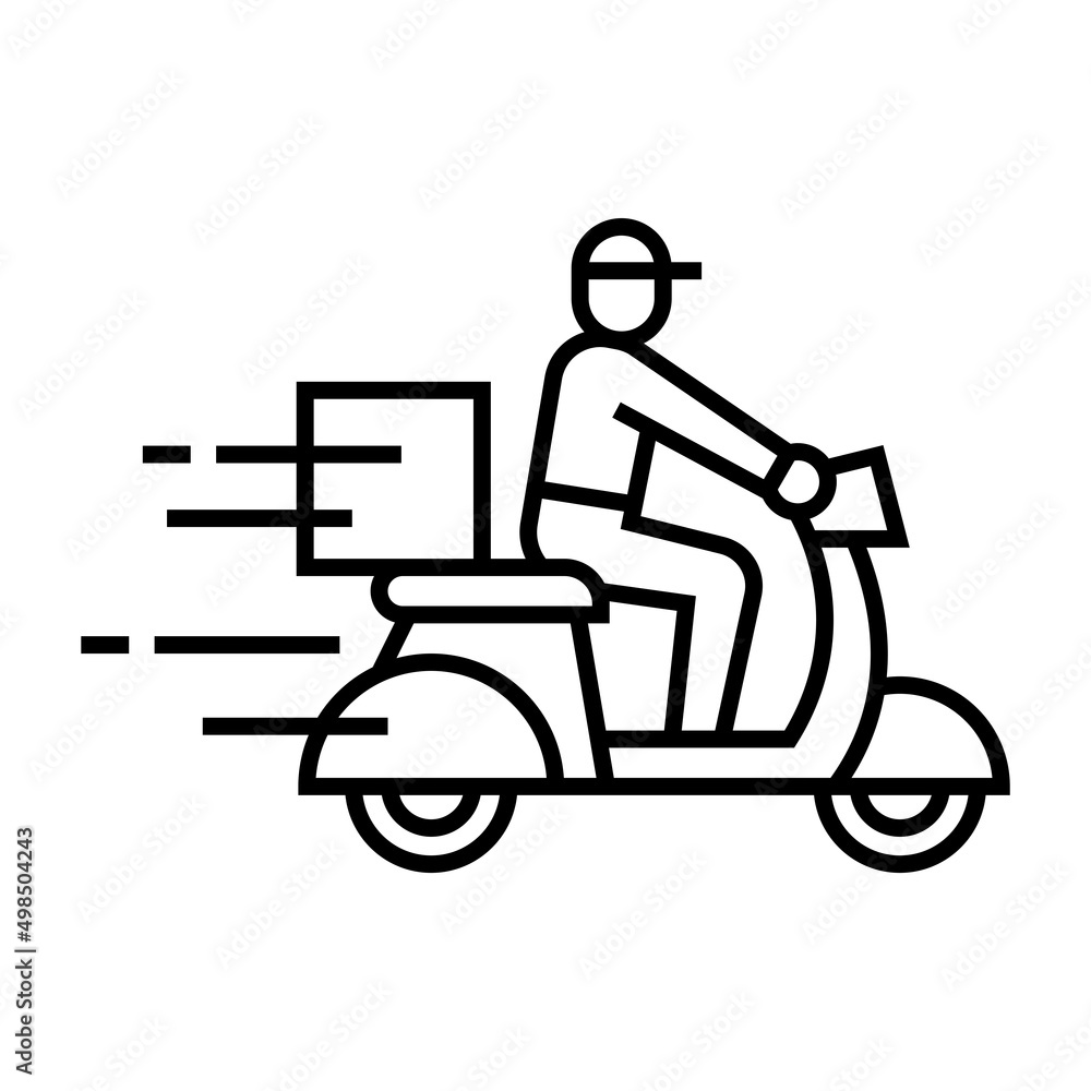 Shipping fast delivery man riding motorcycle icon symbol, Pictogram flat outline design for apps and websites, Isolated on white background, Vector illustration