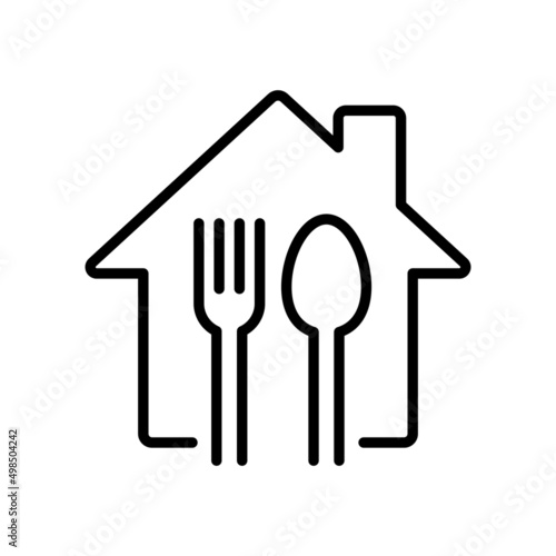 Home with spoon and fork icon, House cooking logo, Homemade food concept, Vector illustration