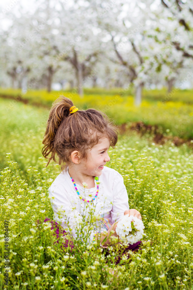 Happy toddler girl sitting on a meadow with blooming cherry trees .Spring time Happy toddler girl sitting on a meadow with blooming cherry trees .Spring time