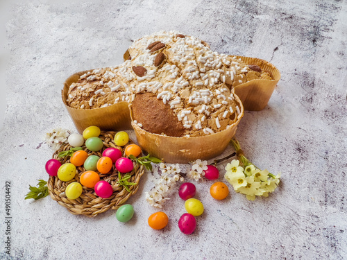Traditional Italian Easter Dove Bread Colomba , Chocolate Easter Eggs and Cherry Blossoms 