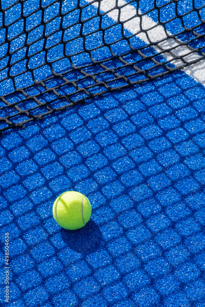 selective focus, paddle tennis balls on a blue paddle tennis court close to the net