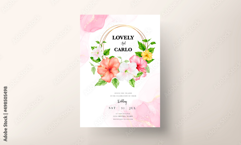 beautiful watercolor hibiscus flower wedding invitation card 
