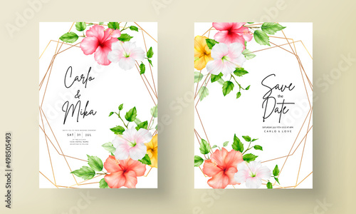 beautiful watercolor hibiscus flower wedding invitation card 