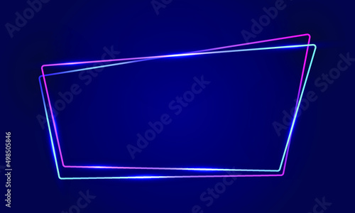 Purple blue polygon noen frame with rounded corners. Vector empty border tor text. Illuminated glowing neon frame night club sign. Thin shining line border, led flare text box. Cyber style design.