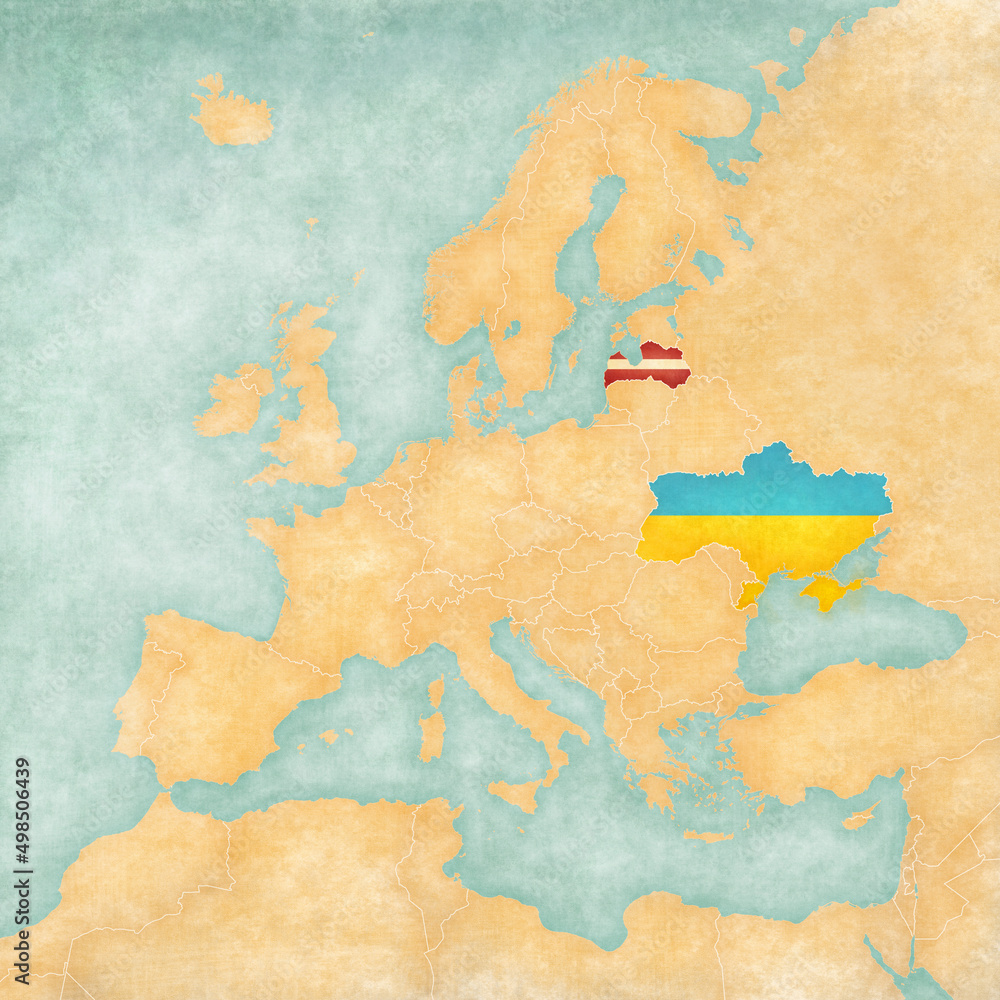 Map of Europe - Ukraine and Latvia