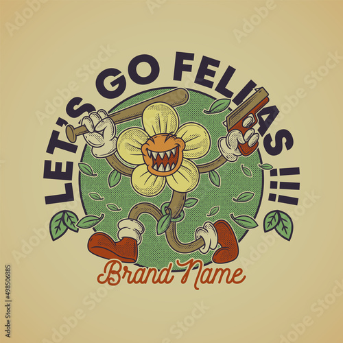 Cartoon emblem of bad flower holding weapons