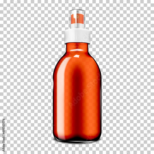 Cosmetic fine mist spray bottle with clear cap on transparent background, realistic mockup. Beauty or medical product pump container, vector mock-up. Template for design