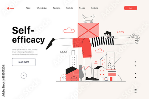 Startup illustration, website landing template Flat line vector modern concept illustration, startup metaphor. Concept of building new business, strategy, company processes. Self-efficacy
