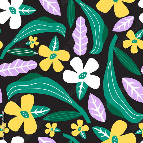 Botanical seamless pattern on a dark background. Vector design for fashion, f...