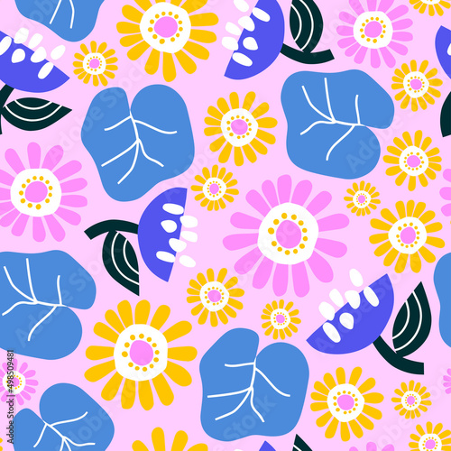 Botanical seamless pattern on a pink background. Vector design for fashion, f...