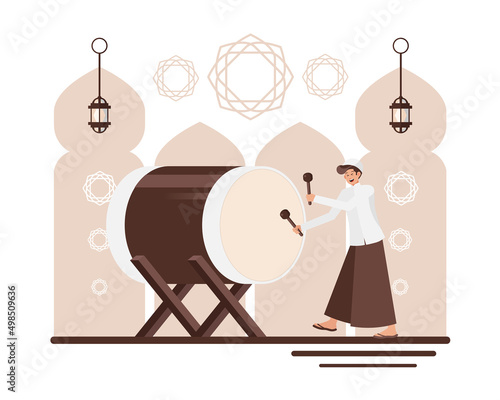 Male Muslim Character Plays Bedug - Islamic creative scene for design assets, social media post, islamic event, ramadan, eid mubarak, landing page, apps, and illustration in general