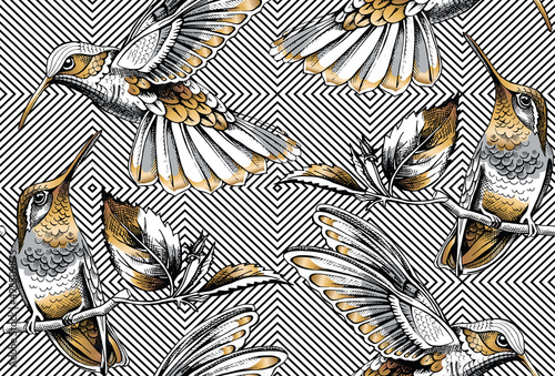 Seamless pattern with image gold Hummingbird on a geometric background. Vector illustration.