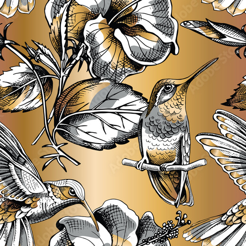 Seamless pattern with image Hummingbird and Hibiscus flowers on a gold background. Vector illustration.