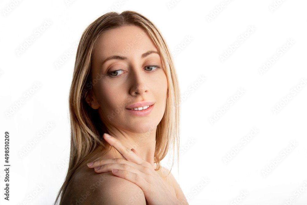 Beautiful woman shoulder cropped portrait with copy space. Beautiful woman shoulder cropped portrait with copy space.