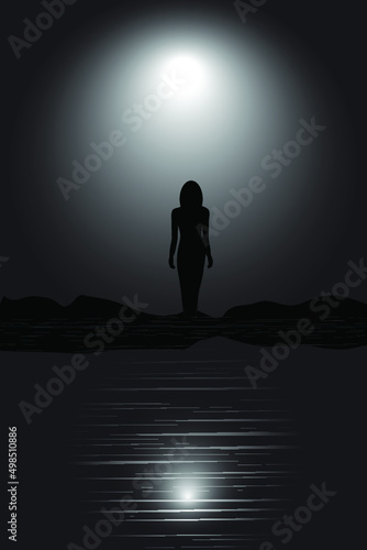 A woman stands in the moonlight before a reflecting pool.