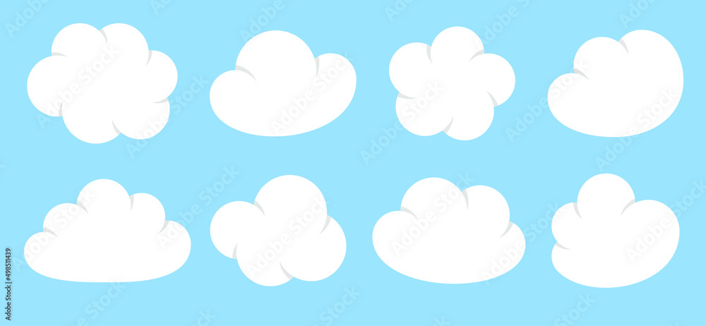 Set of white cartoon clouds on a blue background. Vector illustration
