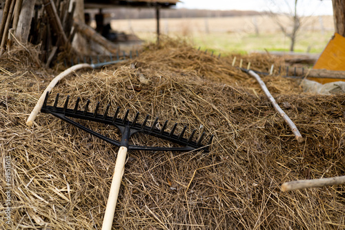 Bild auf Leinwand the rake lies on the hay with selective focus