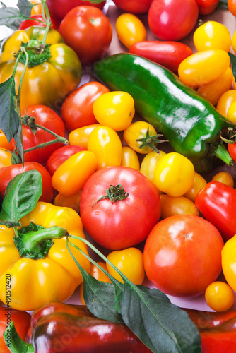 Assorted tomatoes and vegetables isolated on white background. Photo for your design.