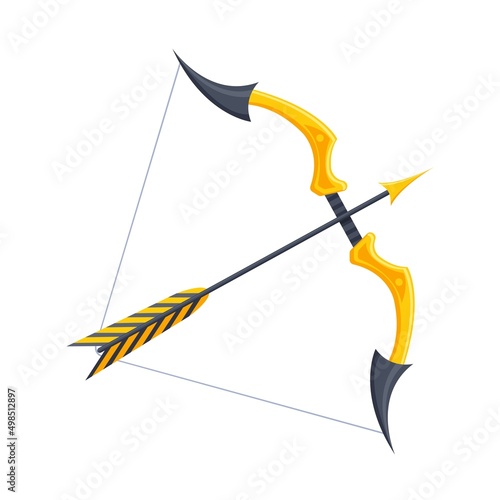 Antique golden bow with a taut arrow, isolated on a white background.