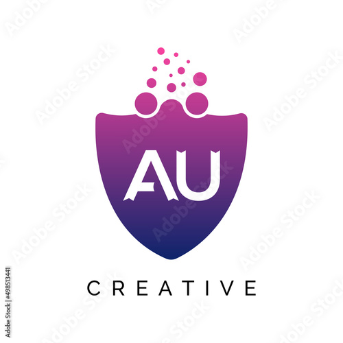 AU Letter Dots Logo Design with Creative Trendy Bubbles Purple Magenta and blue Colors AU logo design vector template.
