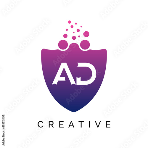 AD Letter Dots Logo Design with Creative Trendy Bubbles Purple Magenta and blue Colors AD logo design vector template.
