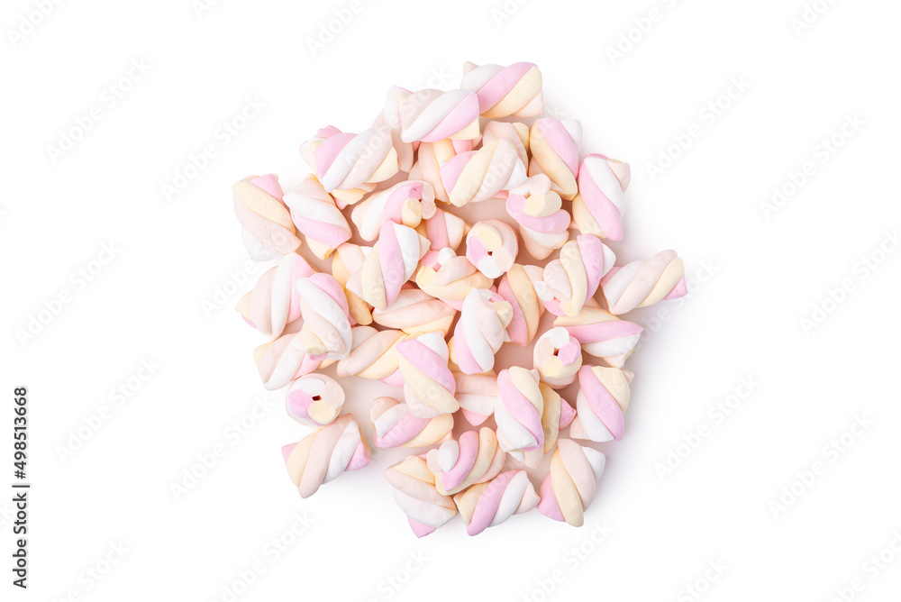 Pink and yellow colored marshmallows isolated over white, top view. Clipping path at 300%