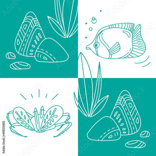 Simple hand-drawn marine print in doodle style. Cute fish, crab, rocks, water plants. Good for print in t-shirts, posters, cards and other products. Underwater world. © egeny.ua