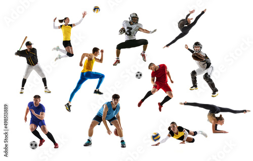 Set of dynamic portraits of young people and children doing different sports, training isolated over white studio background. © master1305