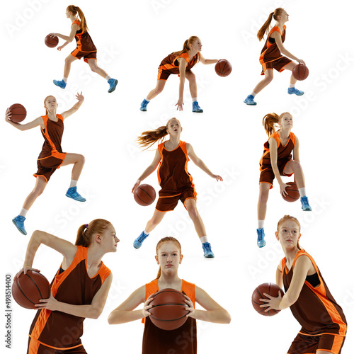Set of portraits of sportive young girl, teenager training, playing basketball isolated over white studio background © master1305